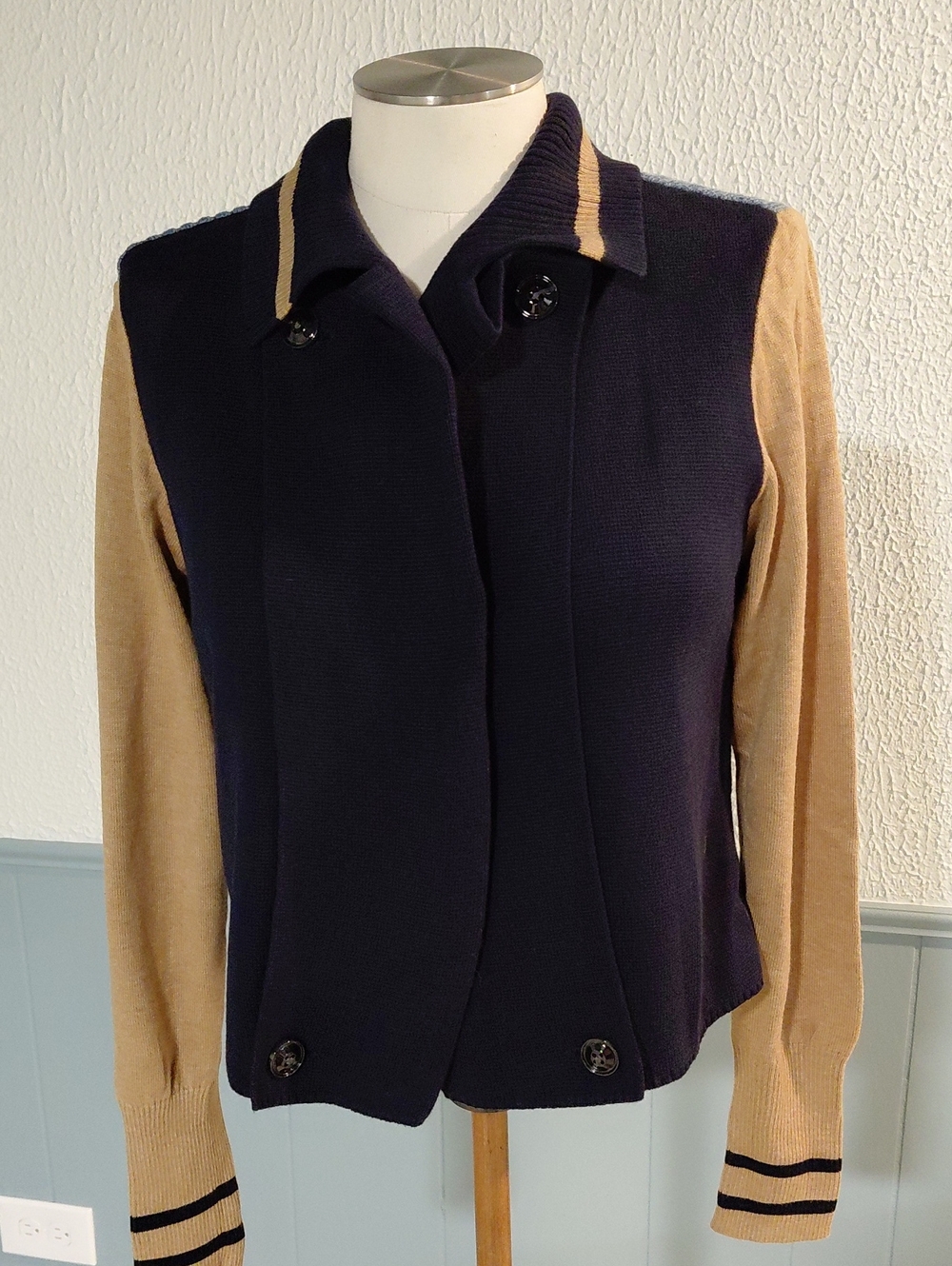 CAbi Navy and Camel Knit Varsity Jacket
